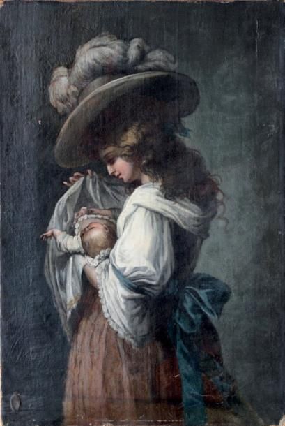 École Française du XIXe siècle Jeune mère son enfant dans les bras Huile sur toile...