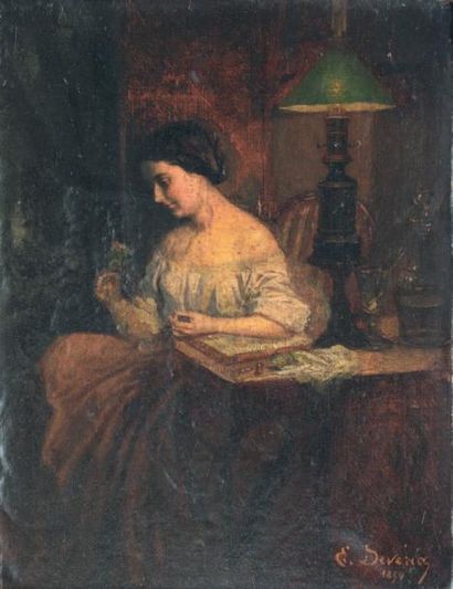 École Française du XIXe siècle Femme assise auprès de la lampe Huile sur toile marouflée...