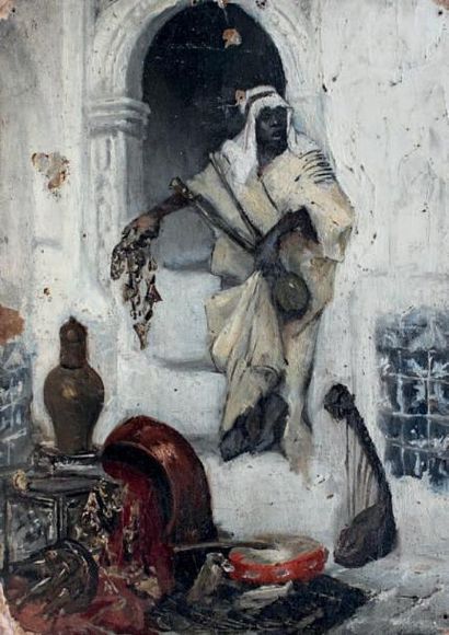 ÉCOLE ORIENTALISTE FIN XIXe SIÈCLE / 1900 Homme arabe près de la porte voûtée Huile...