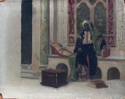ÉCOLE ORIENTALISTE FIN XIXe SIÈCLE / 1900 Homme arabe assis sur un entablement auprès...