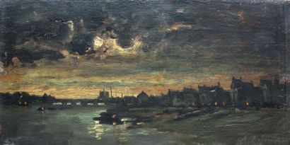 École Française du XIXe siècle Nocturne sur la Seine à Paris Huile sur panneau portant...