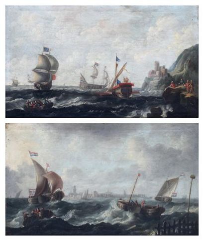ÉCOLE FLAMANDE, FIN XVIIIe SIÈCLE Marines Paire d' huiles sur toiles 31 x 53 cm
