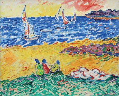 Armand BOUVIER (1913-1997) Les trois baigneuses en bord de mer Huile sur toile signée...