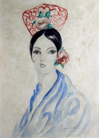 Francis PICABIA (1879-1953) Portrait en buste de jeune femme espagnole au peigne...