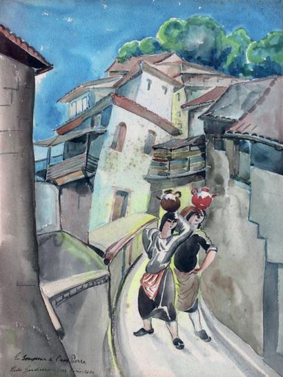 Lado GOUDIASVILI (1896-1980) Deux jeunes porteuses d'eau dans une rue de village,...