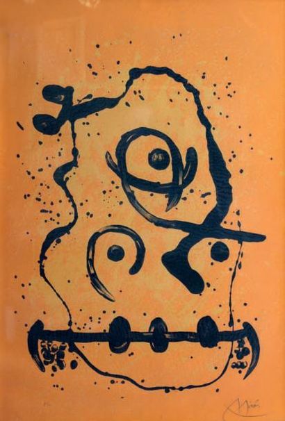 Joan MIRO (1893-1983) Tête Lithographie, épreuve en noir sur fond orangé signée en...