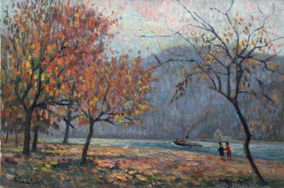 Albert MALET (1912-1986) La Seine, vapeur et promeneurs à l'automne Huile sur toile...