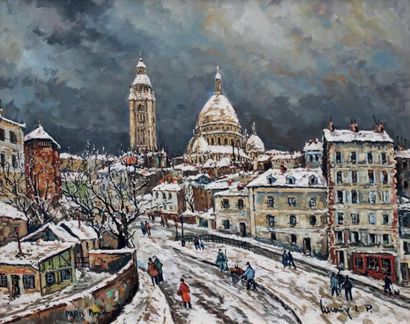 Robert L.P. LAVOINE (1916-1999) Panorama de Montmartre sous la Neige Huile sur toile...