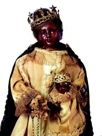 null Originale Vierge Couronnée noire avec Enfant Jésus noir, tête buste, bras et...