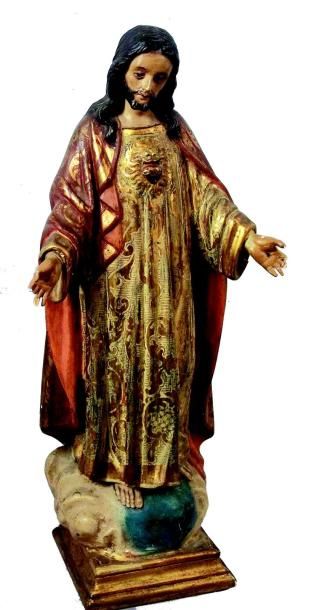 null «Sacré Coeur» Christ en majesté tout en bois sculpté polychrome se tenant debout...