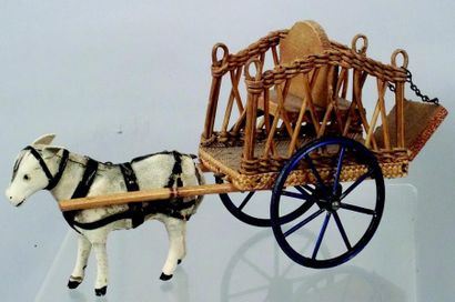 null «Carriole avec âne» Petite carriole en bois et paille avec roues en métal attelée...