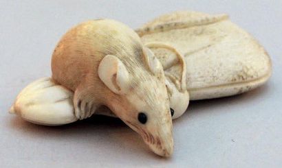 null NETSUKE en ivoire représentant une souris sur une châtaigne et un tonkotsu,...