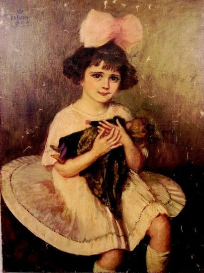 null «Jeune fille avec sa poupée» Grande huile sur toile représentant une jeune fille...