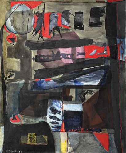 François ARNAL, né en 1924 Composition bleue, rouge et noire, 1952 Huile sur toile signée et datée e