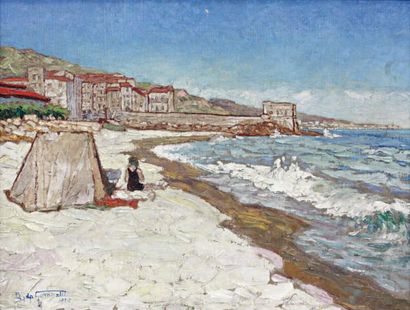 Martin LINDENAS, XXe siècle Sur la plage de Trouville Huile sur toile signée en bas...