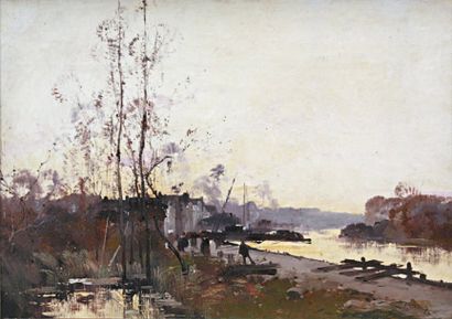 Jacques LIEVIN (1854-1941) Bord de rivière Huile sur toile signée en bas à droite...
