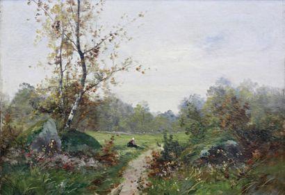 E.MORIZOT, XIXe-XXe siècle Fermière sur le chemin en campagne Huile sur toile signée...