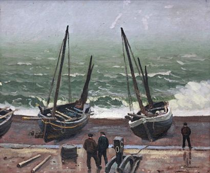 René de SAINT DELIS (1876-1958) Pêcheurs près des voiliers amarrés Huile sur toile...