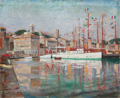 André BOURSIER-MOUGENOT, XXe siècle Bateaux pavoisés dans un port du Midi Huile sur...