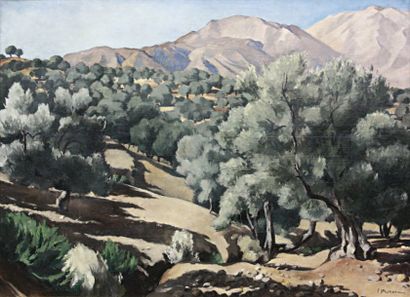 MOREAU, XXe siècle Les oliviers dans la vallée Huile sur toile signée en bas à droite...