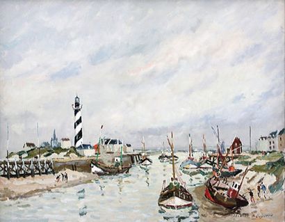 Jacques BOUYSSOU (1926-1997) « Graveline, les bateaux au port » Huile sur toile signée...