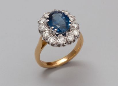 null Bague en or deux tons 750°/00 (tête d'aigle) centrée d'un saphir ovale à facettes...