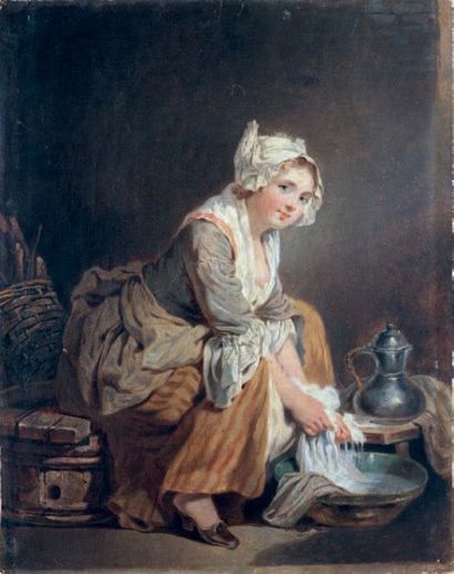 ÉCOLE FRANÇAISE XIXe siècle d'après Greuze Jeune femme lavant un linge dans un intérieur...
