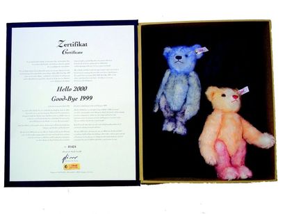 null «Hello 2000, Goodbye 1999», fabrication STEIFF, N°5424, deux ourson un bleu...