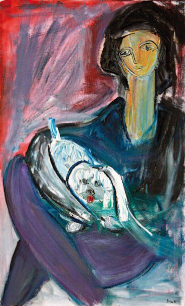 Alexander PUTOV né en 1940 Femme au chien blanc Huile sur toile signée et datée 91...