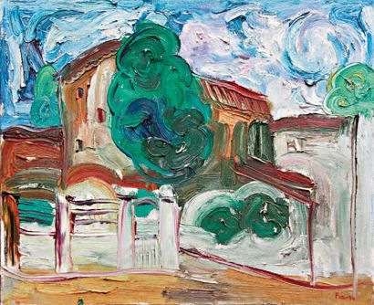 Alexander PUTOV né en 1940 Paysage au portail et à l'arbre vert Huile sur toile signée...