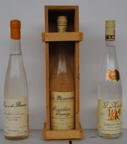 3 bout 1 FRAMBOISE SAUVAGE MASSENEZ 43%, 1 MIRABELLE DE LORRAINE, 1 VIEUX KIRSCH