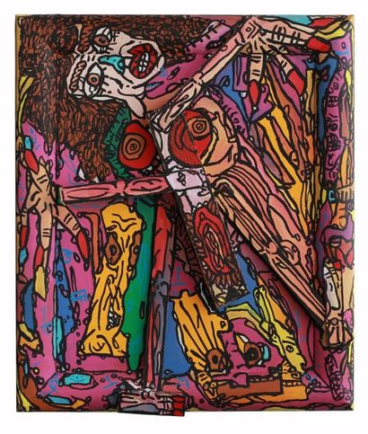 Robert COMBAS (1957) 
La femme au bout de bois, 1989
Acrylique sur toile et collage...