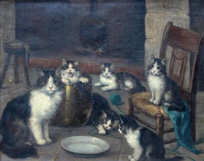 ROUANEZ? (XIXe - XXe siècle) 
Chatte et ses chatons auprès de la cheminée
Huile sur...