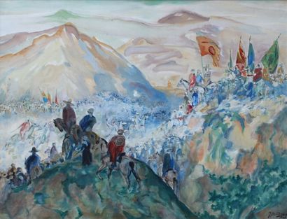J.BERTRAND (XXe siècle) 
Scène avec cavaliers et étendards dans un paysage montagneux...