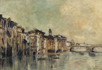 Édouard-Jacques DUFEU (1840-1900) 
Barques sur l'Arno à Florence
Huile sur toile...