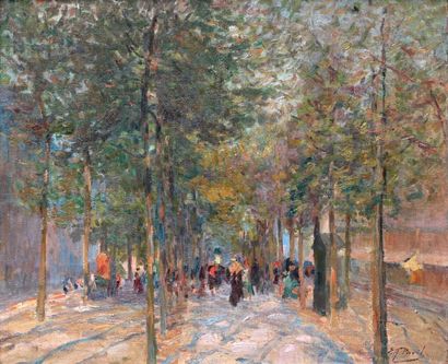 Élie Anatole PAVIL (1873-1948) 
Promeneurs dans l'allée ombragée du jardin du
Luxembourg
Huile...
