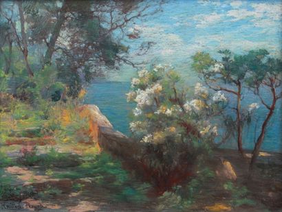 Romolo Pergola (1890-1960) 
Escalier aux arbres fleuris en bord de mer
Pastel signé...