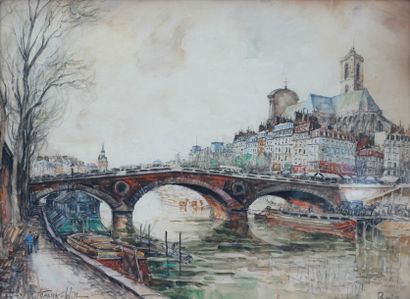 FRANK WILL (1900-1951) 
Paris, quai de la Seine et l'église Saint Gervais
Aquarelle...