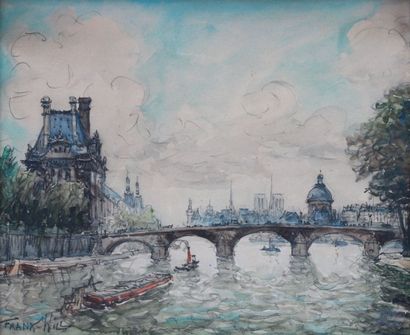 FRANK WILL (1900-1951) 
Paris, le pont Royal et le Louvre
Aquarelle signée en bas...
