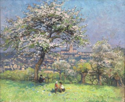 Jules Alfred Hervé-Mathé (1868-1953) 
Promeneurs dans le verger en fleurs
Huile sur...