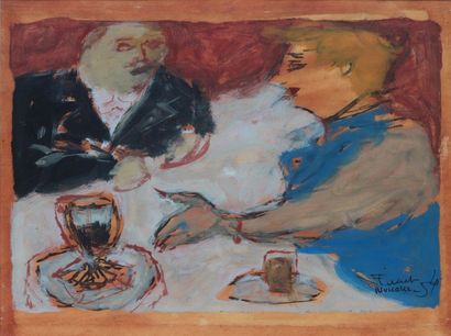 Fikret MOUALLA (1903-1967) 
Couple conversant à une table, 1954
Gouache signée et...