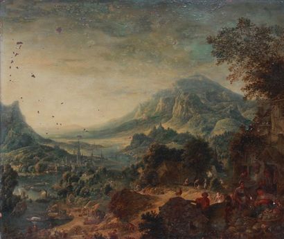 GRIFFIER Robert (Attribué à) 
Londres 1688 - 1750
Paysage de montagne traversée par...