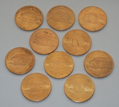 null ENSEMBLE de dix monnaies de 20 dollars or, Saint Gaudens:
1 x 1907, 3 x 1924,...