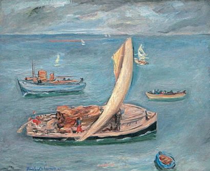 Émile SABOURAUD (1900-1995) Vapeur et voiliers en mer, 1927. Huile sur toile signée...