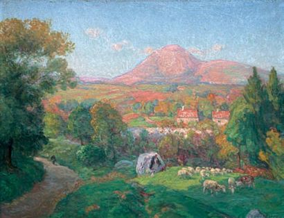 Charles-Jean COUSSEDIÈRE (?-1934) Bergère et troupeau dans la vallée. Huile sur toile...