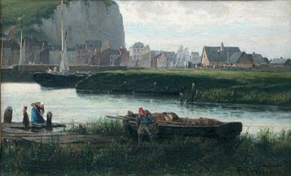 ÉCOLE FRANÇAISE, XIXe siècle Pêcheur sur un port. Huile sur toile portant une signature...