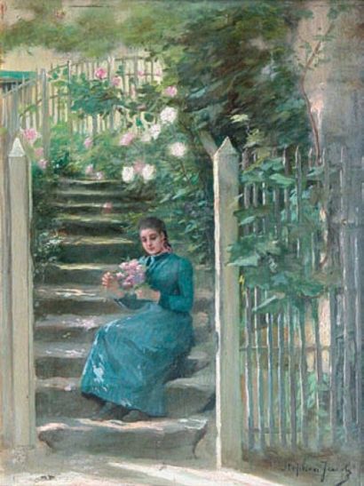 Stephen JACOB (1846-?) Femme assise dans l'escalier. Huile sur panneau signé en bas...