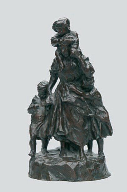 École française, vers 1900 Femme et enfants, 1908. Épreuve en bronze, fonte d'édition...