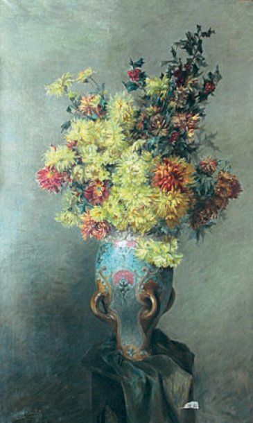 Marie PERTUÉ, fin du XIXe - début du XXe siècle Bouquet de dahlias, 1900. Huile sur...