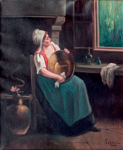 LEROUX, vers 1900 Femme nettoyant une bassine à confiture. Huile sur toile signée...